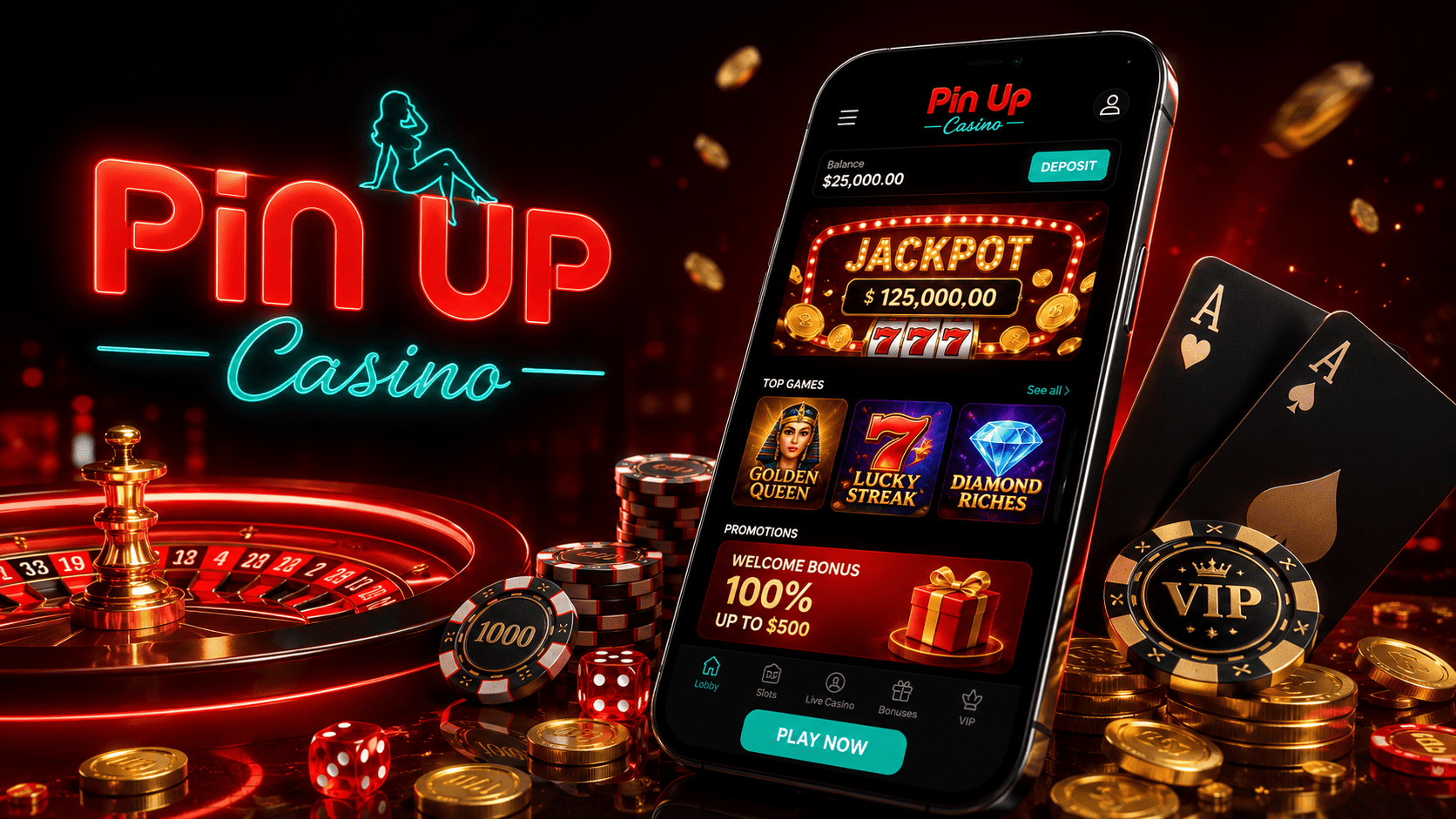 Interfaz principal de Pin Up Casino con banners informativos y acceso a juegos